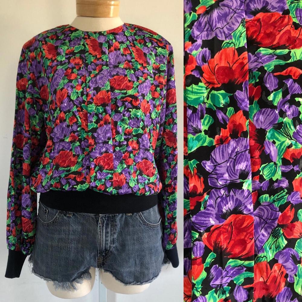 Vintage Floral Print Long Sleeve Top, Retro 80s Blouse by Erena, Green Black Red